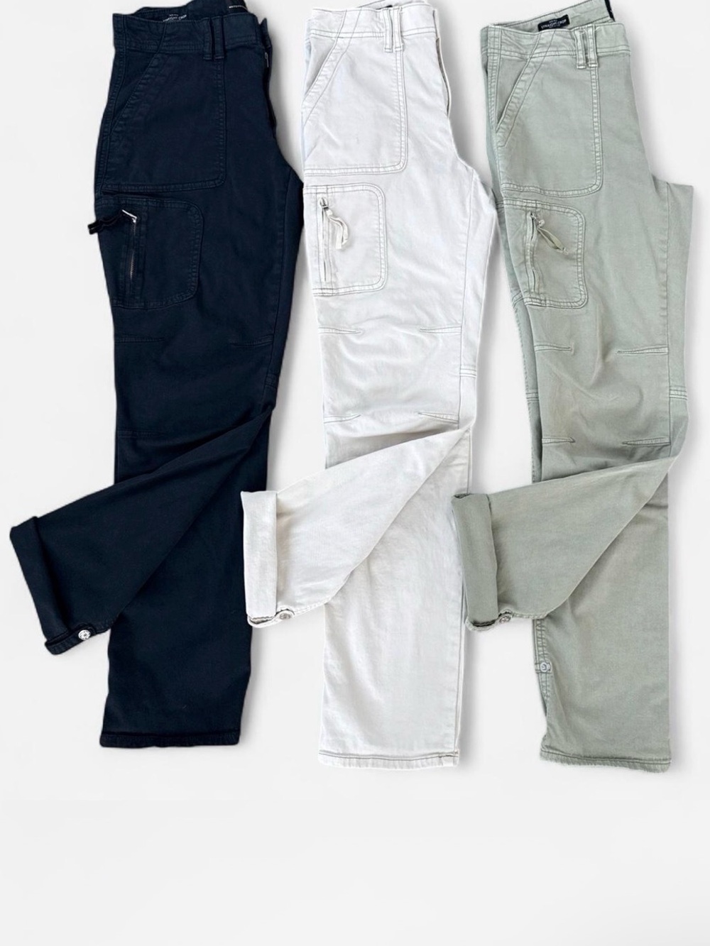 WHBM Pret‑A‑Pedi Cargo Pants Bundle Mid-Rise Straight Crop 4L Cream, Sage, Black - Picture 2 of 6